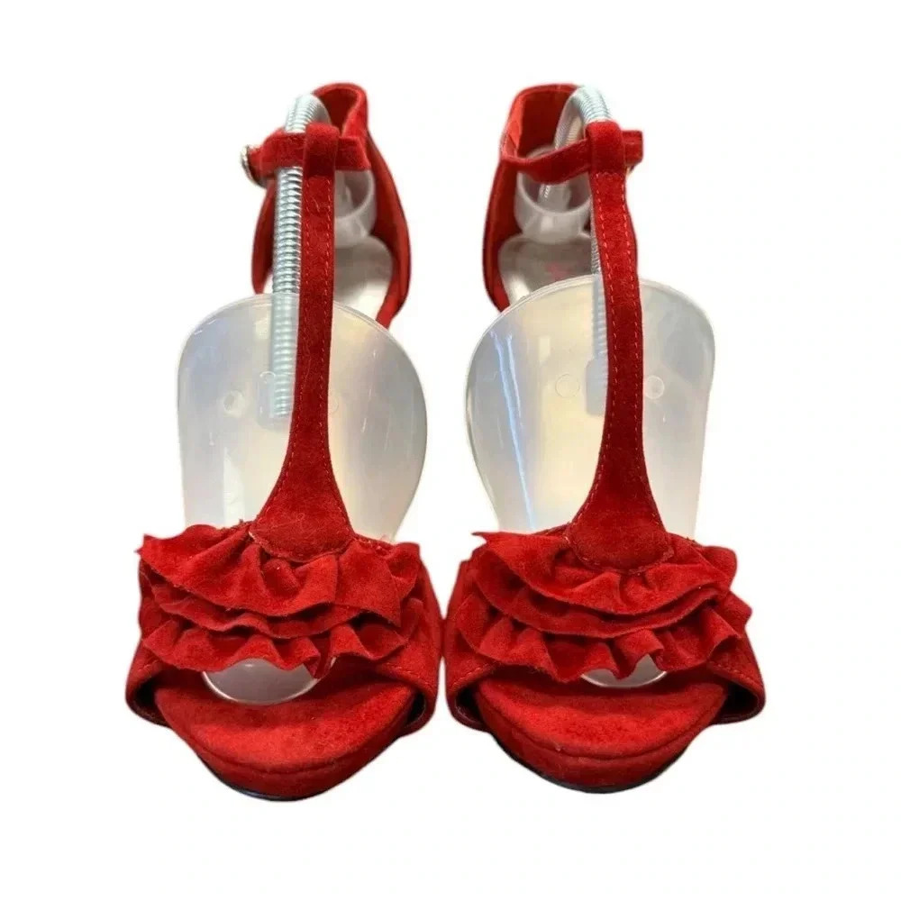 Quiped Red Velvet Ruffled Slingback Stiletto Heels Size 7.5
